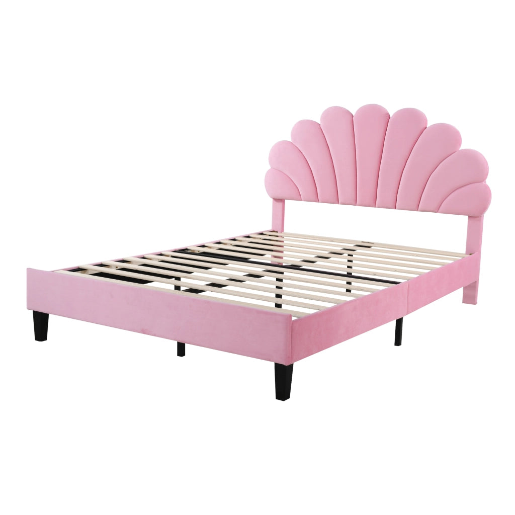 Letto imbottito in velluto con testiera a fiore e doghe; rosa; 140x200 cm; senza materasso