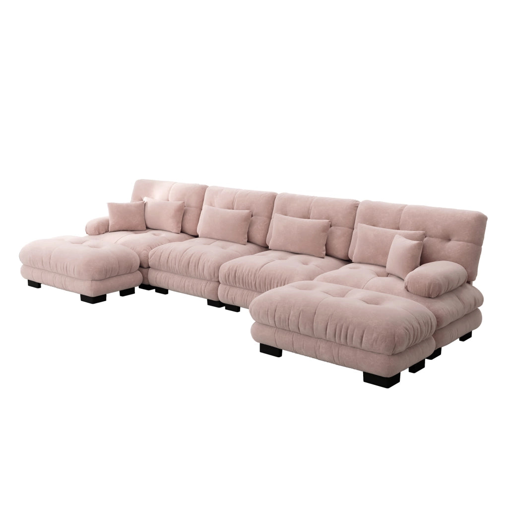 Divano modulare ad angolo a forma di U in chenille rosa, 4 posti con pouf mobile