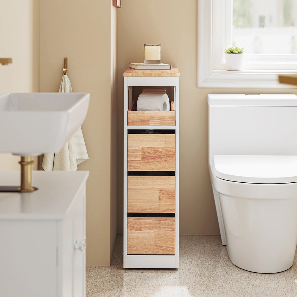 SoBuy | Mobile bianco con 4 cassetti | Mobile con ruote per facile spostamento | Mobile MDF per bagno e cucina | 65×23×82 cm | Portata massima 40 kg | BZR54-III-WN