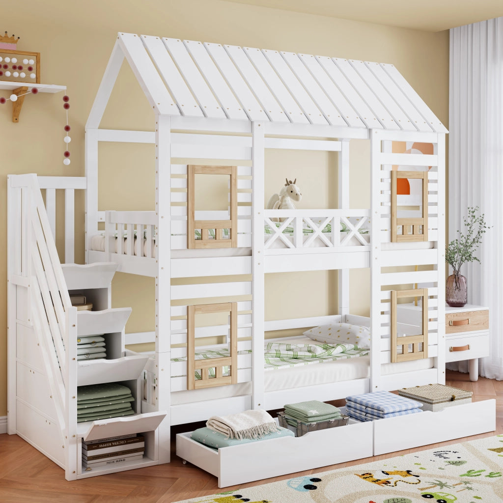 Letto a castello con protezione anticasco in legno massello e MDF 90x200 cm