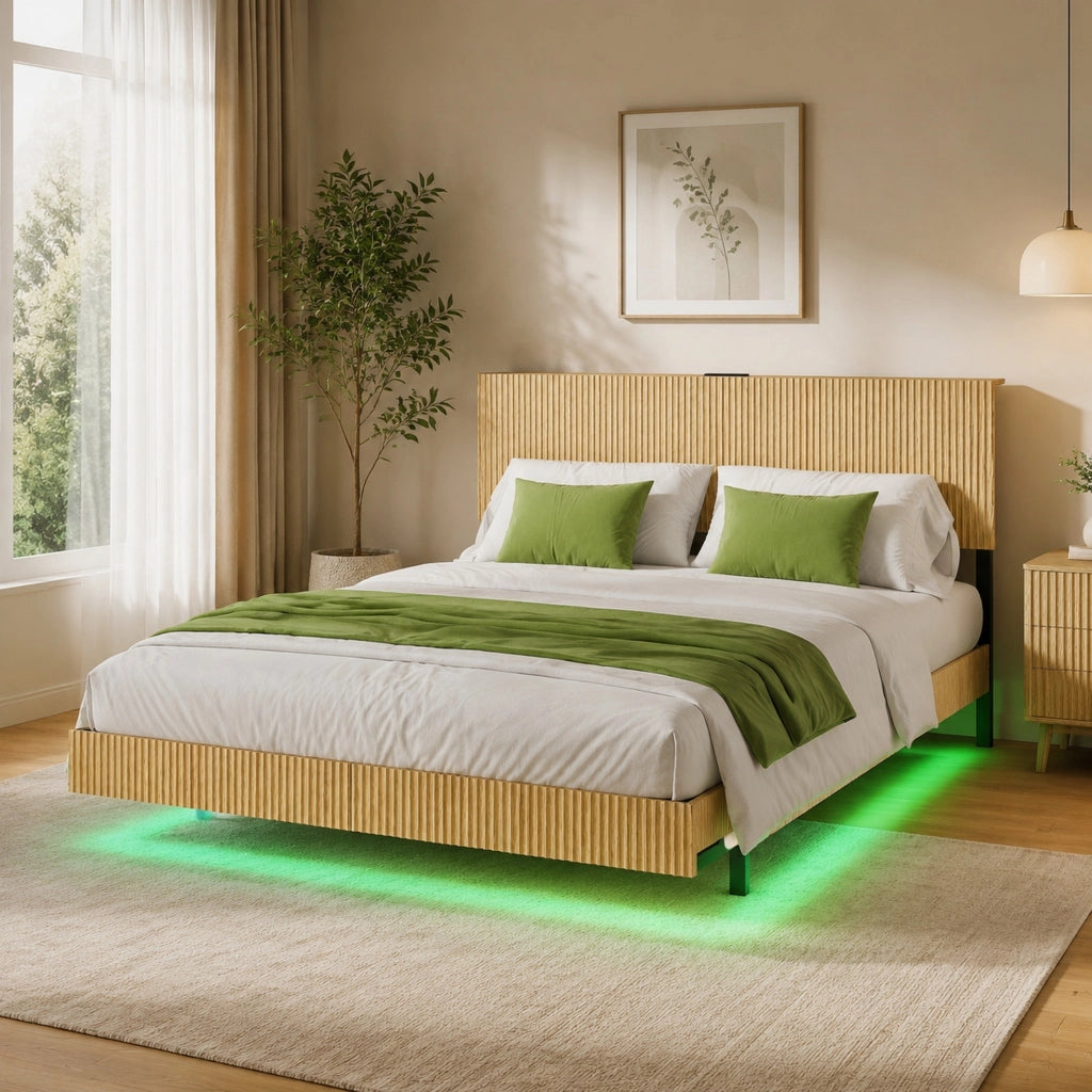 Letto 210.5x144x99.7 cm con design sospeso; testiera con presa e LED RGB; metallo e pannello truciolare; naturale
