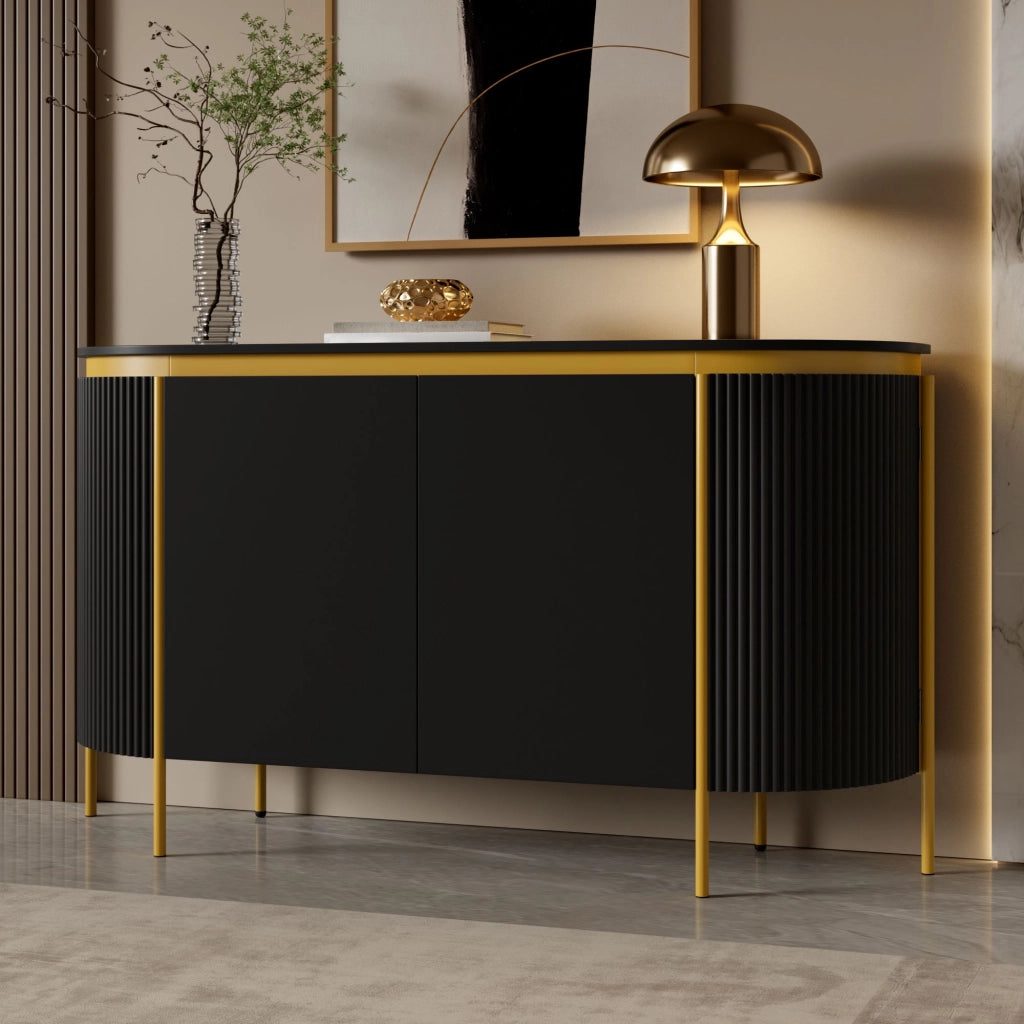 Credenza da 4 ante, mobile da ingresso, in MDF, con gambe in metallo, angoli arrotondati, colore nero