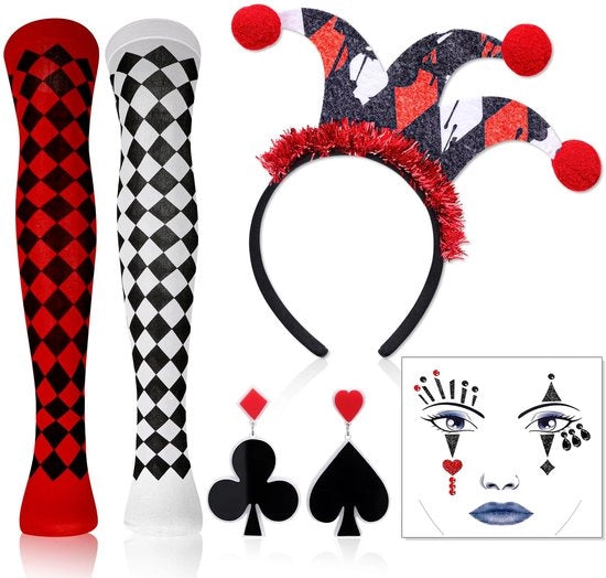 Set di accessori per costume - Corona della Regina del Cuore - Tatuaggio facciale - Orecchini - Calze - Cappello flamboyant - Costume da carnevale