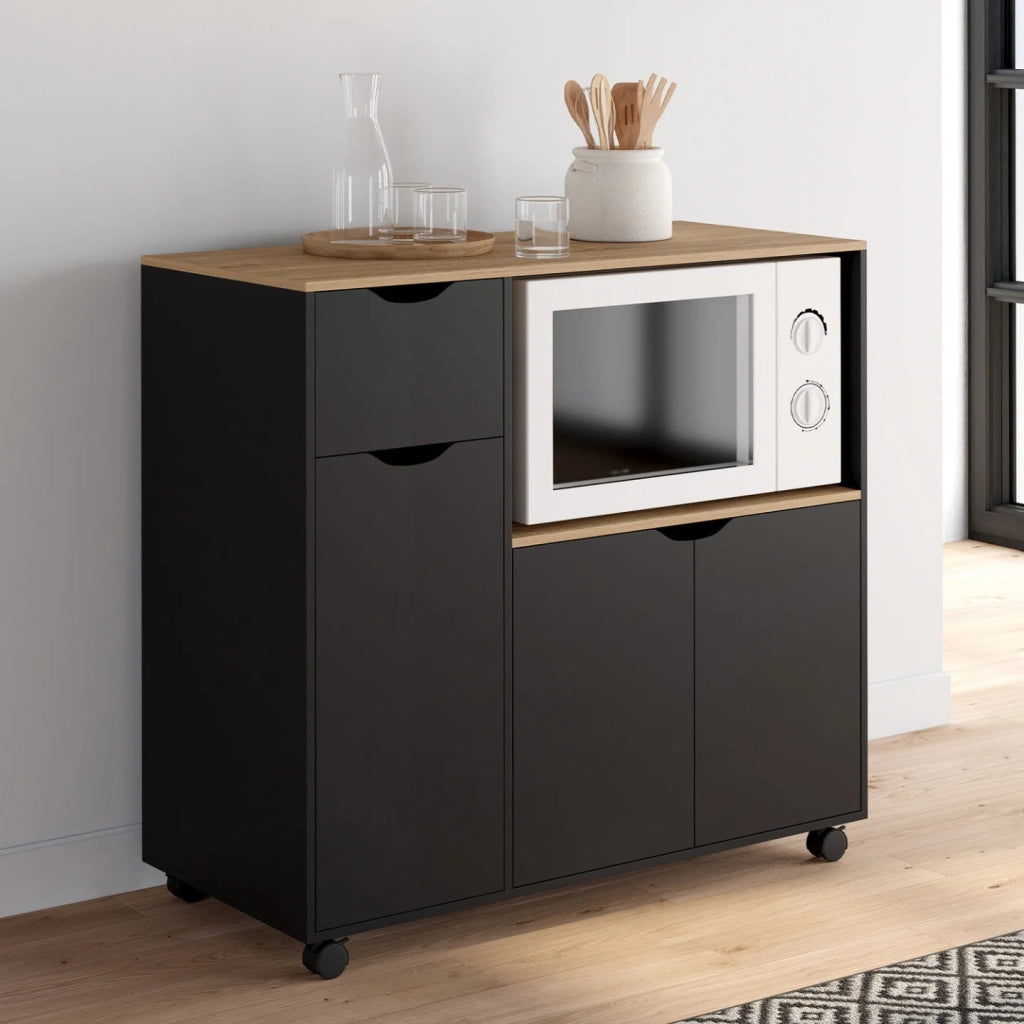 IDMarket - Credenza COSI XXL per microonde con cassetto in legno nero e ripiani in faggio L.90 cm