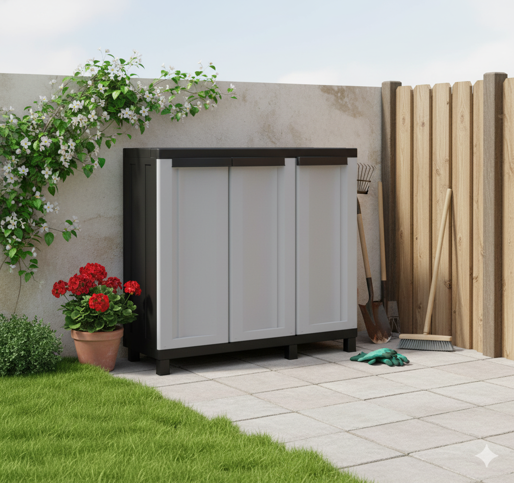 Armadio Modulare da Esterno 102x39x91,5 cm 3 Ante 1 Ripiano in Polipropilene Twist Grigio e Nero