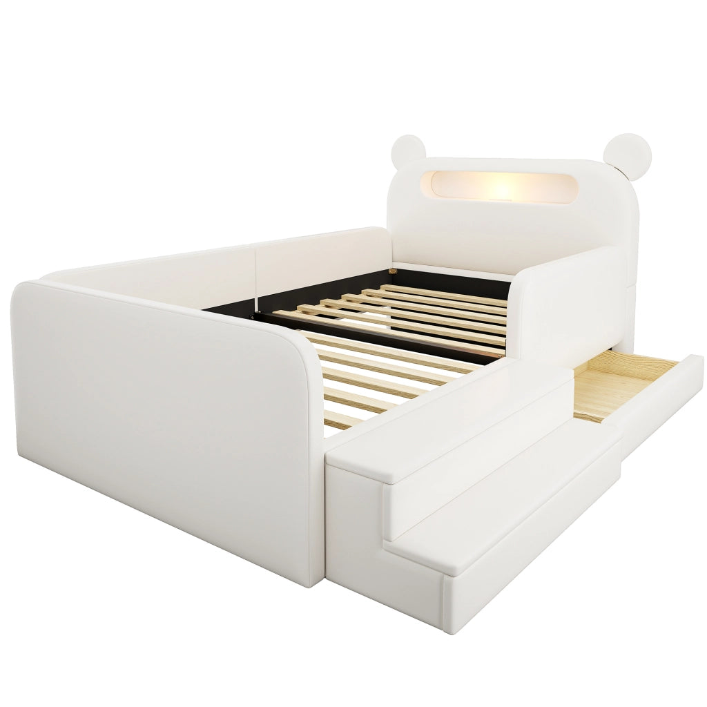 Letto per bambini 90 × 200 cm con contenitore, luce notturna USB e sponde, senza materasso, bianco