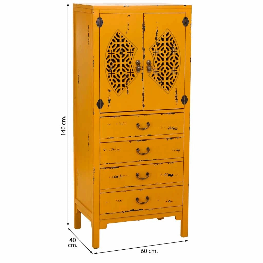 Mobiletto in legno con 4 cassetti e 2 ante, giallo, 60x40x140h cm