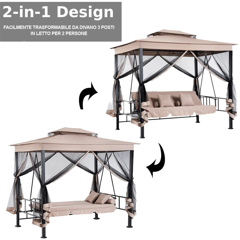 Dondolo Letto 3 Posti Con Gazebo Parasole Zanzariera Giardino Beige 257x174x235