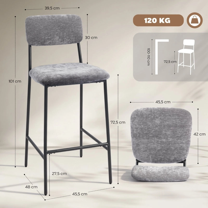 Sgabelli da bar set da 2 imbottiti con schienale alto e poggiapiedi per cucina e bancone in poliestere grigio