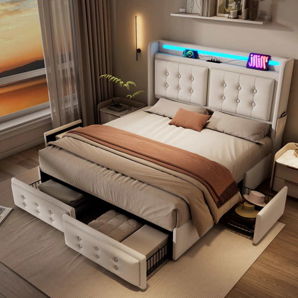 OKWISH Letto con Cassetti Letto Matrimoniale 160×200 cm con LED Regolabile, USB, Tipo-C e Mensole, senza Materasso, in Tessuto Beige