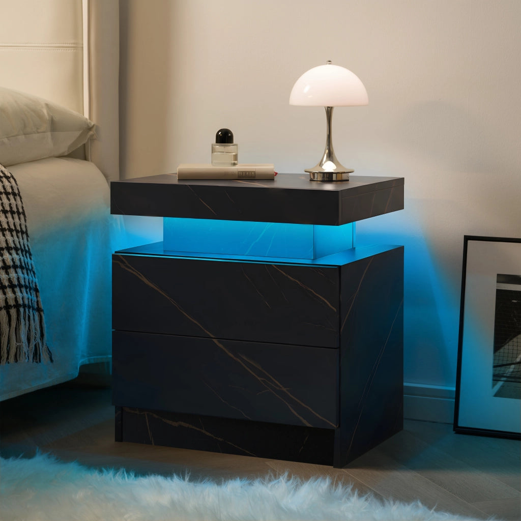 Comodino LED con 2 cassetti e vano aperto; per camera da letto e soggiorno; in legno ingegnerizzato; nero e oro; 59 × 45 × 20 cm