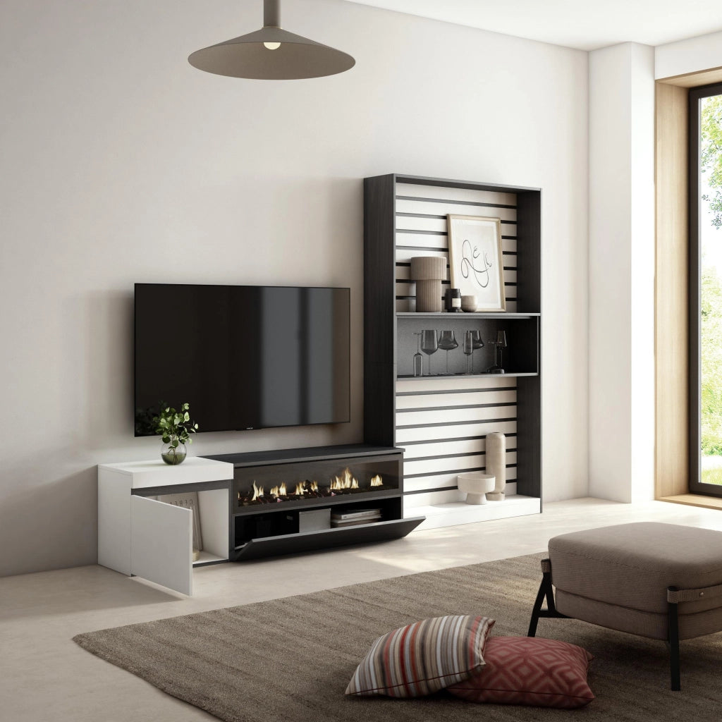 Mobile TV, Soggiorno, 260x35x186cm, Per TV fino a 65", Camino elettrico, Bianco e nero RF2547