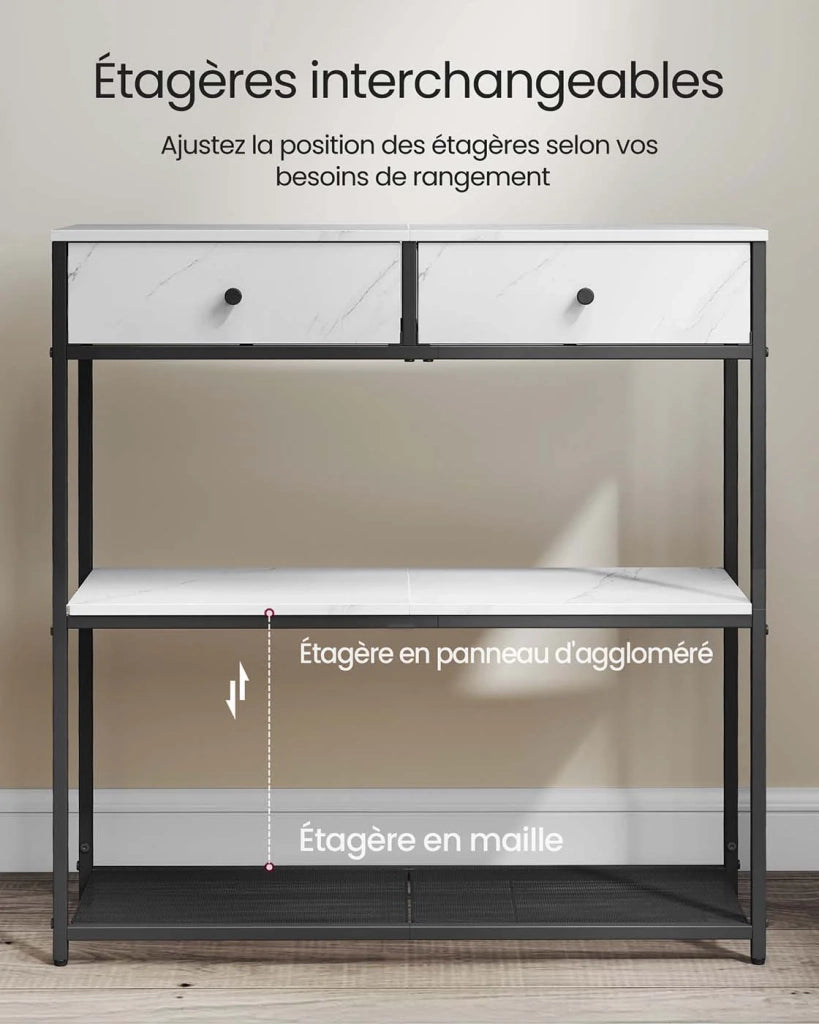 Tavolino da ingresso stretto con 2 cassetti in tessuto tavolino da ingresso/consolle a 3 ripiani 24 x 76 x 80 cm per ingresso/soggiorno marrone rustico e nero inchiostro 12_0008000
