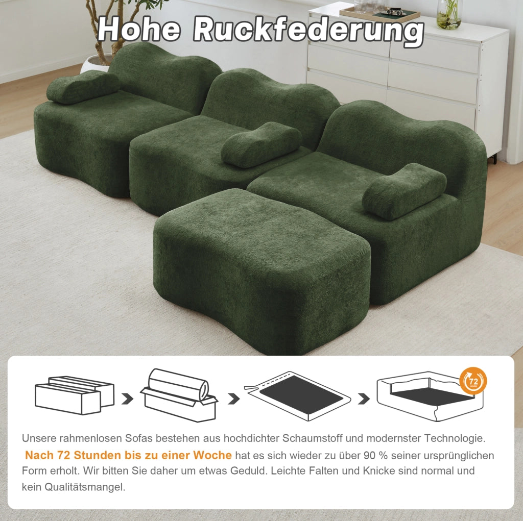 Divano angolare modulare 3 posti con pouf 288x167x70 cm in velluto verde