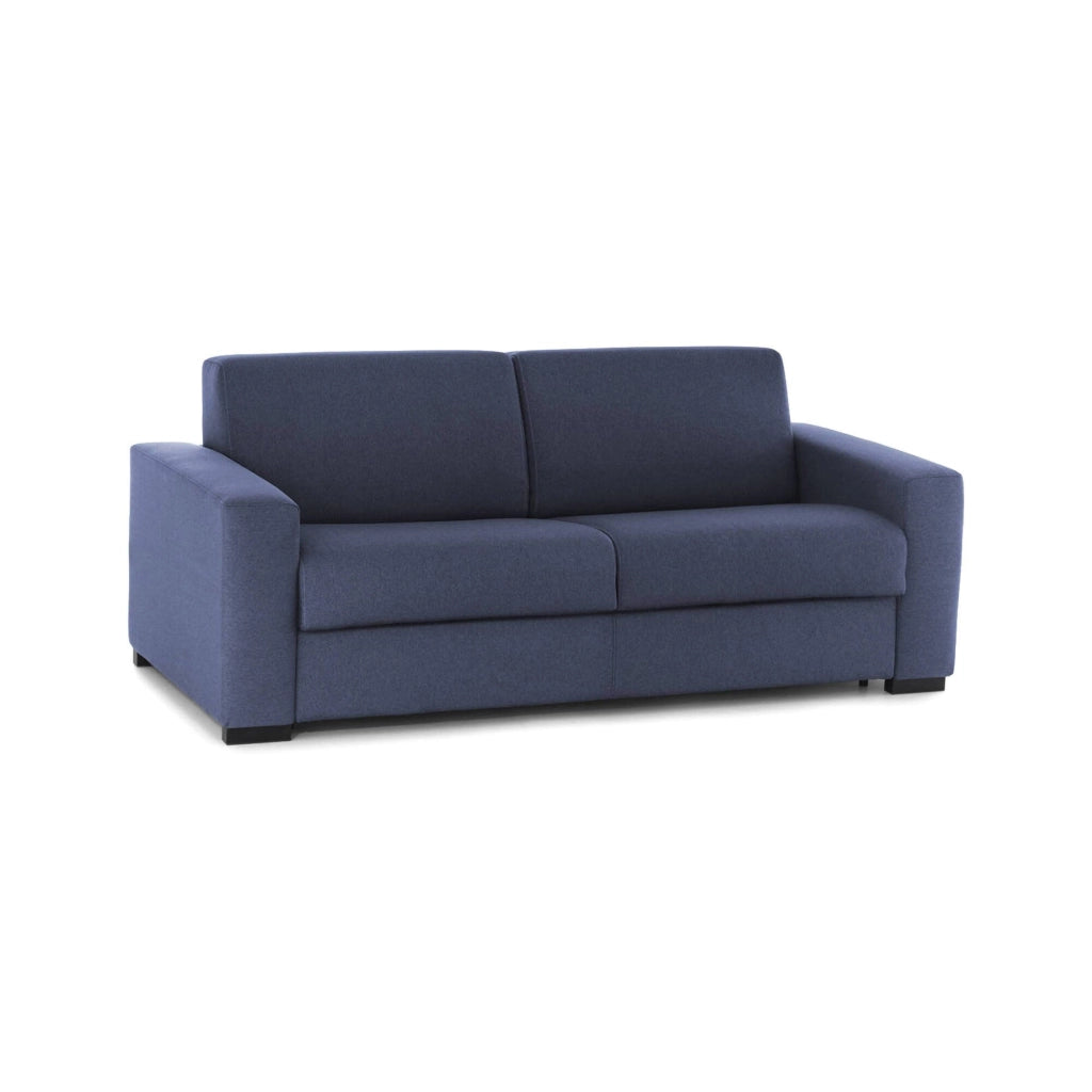 Divano Letto Asimi, Divano a 2 posti, Made in Italy, SofÒ  Soggiorno con apertura girevole, in tessuto imbottito, con Braccioli standard, cm 180x95h90, Blu