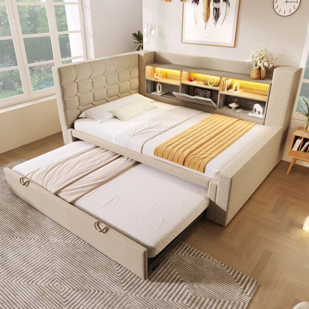 Letto imbottito 90x200 cm con letto estraibile, LED, prese USB, testiera L reversibile e contenitore