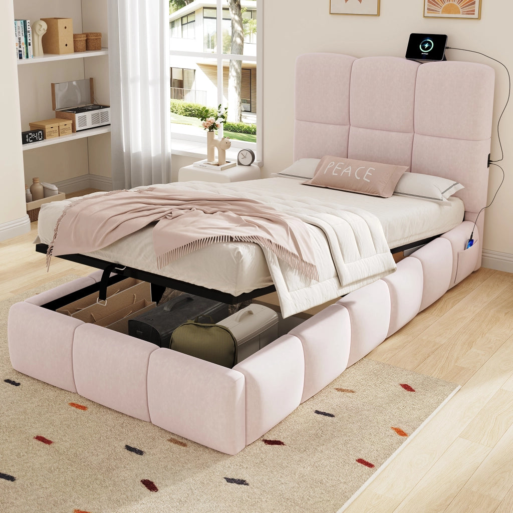 Letto imbottito idraulico con porta USB 90x200 cm velluto rosa