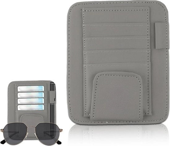 Organizzatore di Visiera Universale - Tappetino per Occhiali da Sole per Auto con Tasche di Stoccaggio - Tappetino per Occhiali da Sole in Pelle PU per Auto - Ripostiglio per Occhiali da Sole, Mappa, Penna, Note