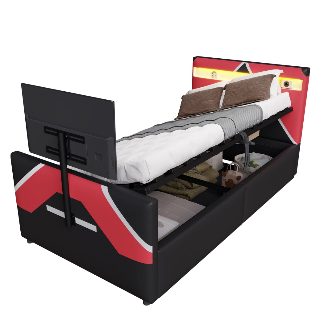 Letto imbottito nero con illuminazione led a cambio colore stoccaggio idraulico supporto tv 90x200 cm