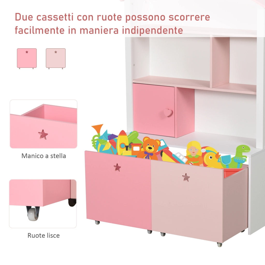 Libreria Scaffale Portagiochi Rosa per Cameretta Bimbi e Ragazzi con 2 Cassetti Estraibili, 80 x 34 x 130 cm