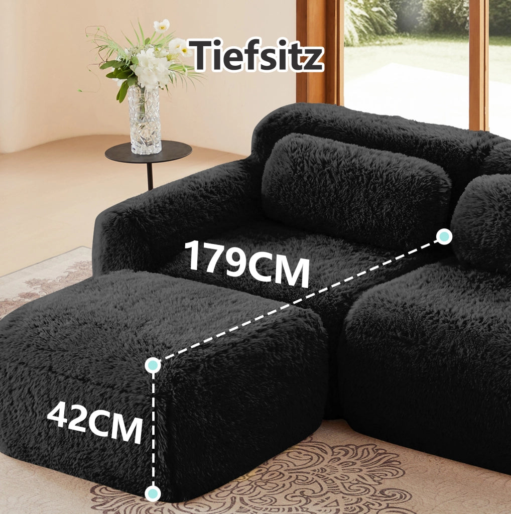 Divano modulare angolare a L 2 posti in tessuto peluche; 204x179x73 cm; nero