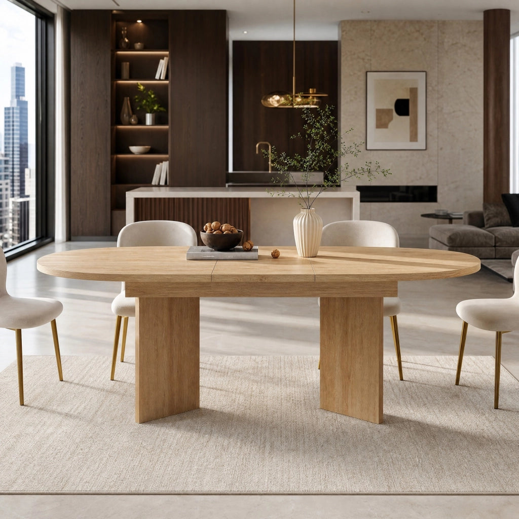 Tavolo da pranzo allungabile 4-8 persone, piano 18 mm, angoli arrotondati, colore rovere
