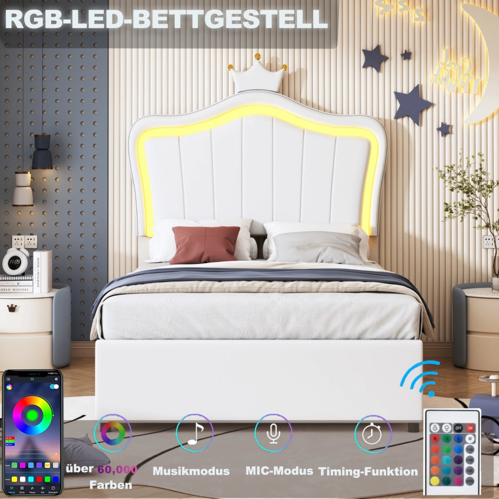 Letto imbottito per bambini 90x200 cm con LED; contenitore idraulico; testiera a conchiglia bianca