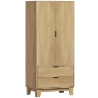 Armadio con 2 ante a chiusura ammortizzata, 2 cassetti e barra appendiabiti, 80x50x180cm, Legno naturale