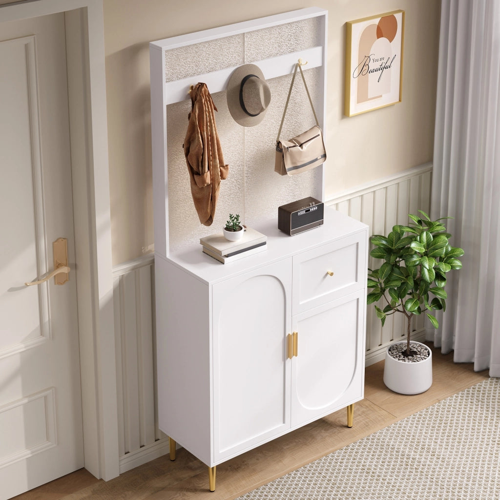 Mobile d'Ingresso con 1 Anta; 1 Cassetto e Ganci; Ripiani Regolabili; Stile Moderno; in MDF; 80??35??175;5 cm; Bianco