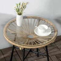 Tavolino da Giardino Rotondo Stile Boho in Rattan PE e Vetro, Ø50x50cm, Beige