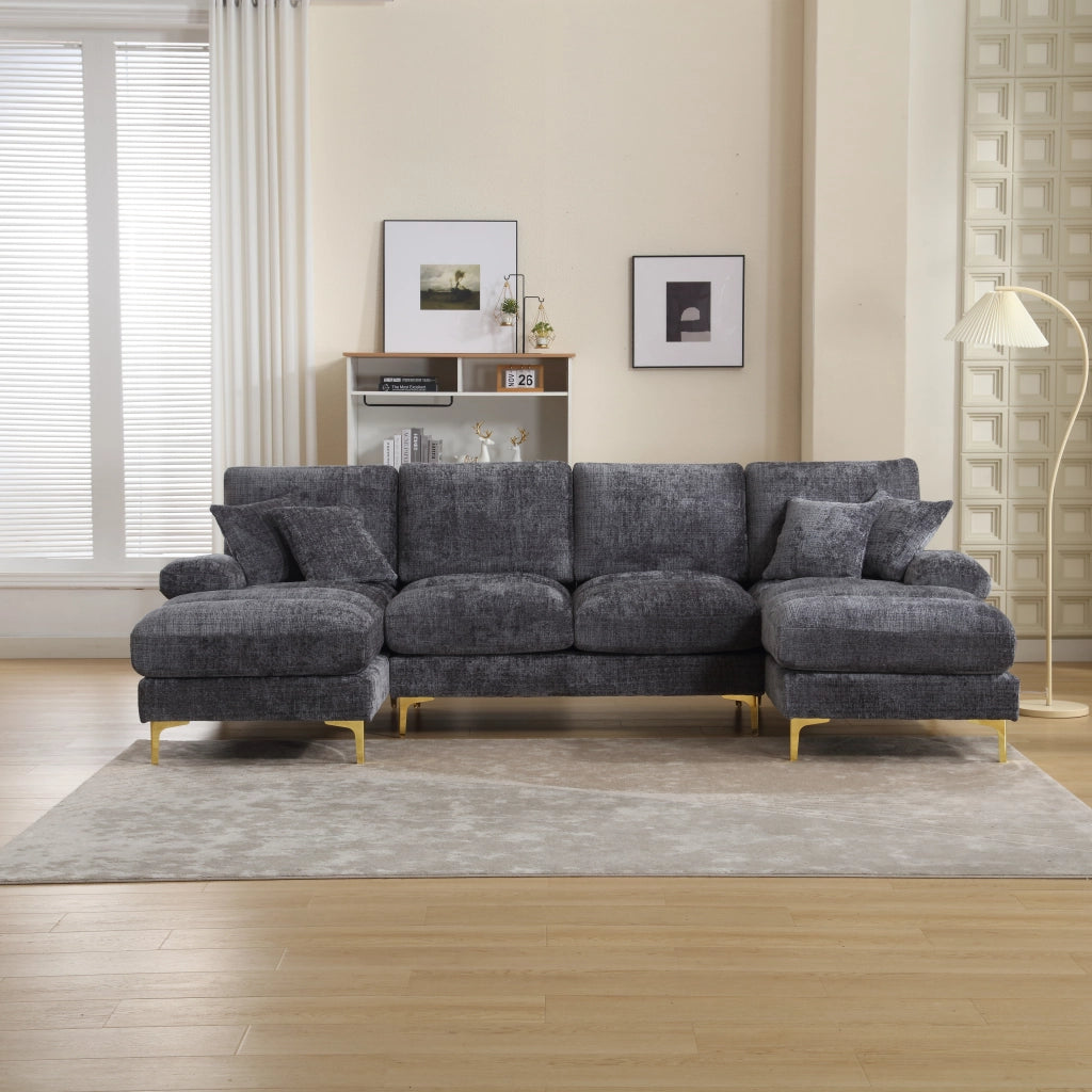 Divano Angolare a U con Doppia Chaise Longue e 6 Cuscini; in Ciniglia Grigio; 272 × 136 × 88 cm