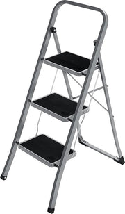 Scalino pieghevole con 3 gradini - scala - 20 cm larghezza gradini - con pannelli in gomma antiscivolo - con maniglia portapersona - sostenibile fino a 150 kg - in acciaio - grigio/nero