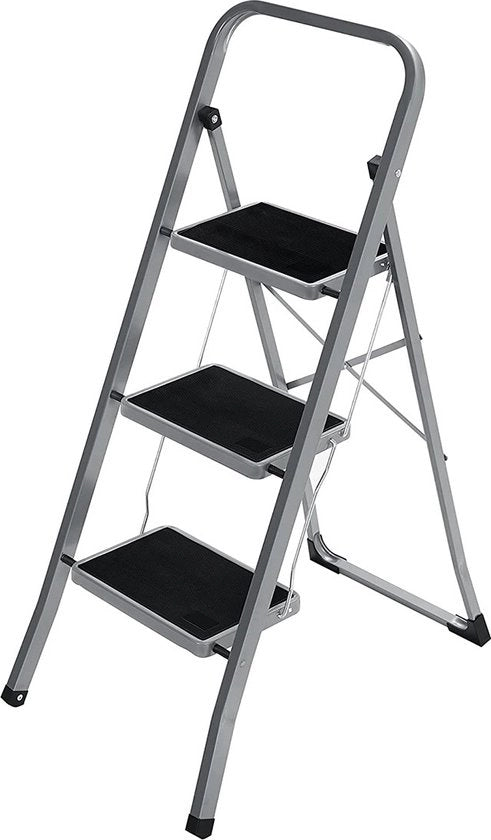 Scalino pieghevole con 3 gradini - scala - 20 cm larghezza gradini - con pannelli in gomma antiscivolo - con maniglia portapersona - sostenibile fino a 150 kg - in acciaio - grigio/nero