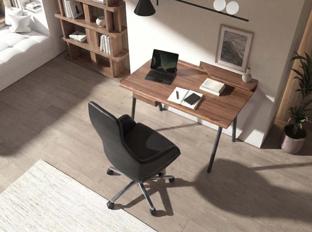 Scrivania in noce e fibra di vetro color grigio scuro metallizzato