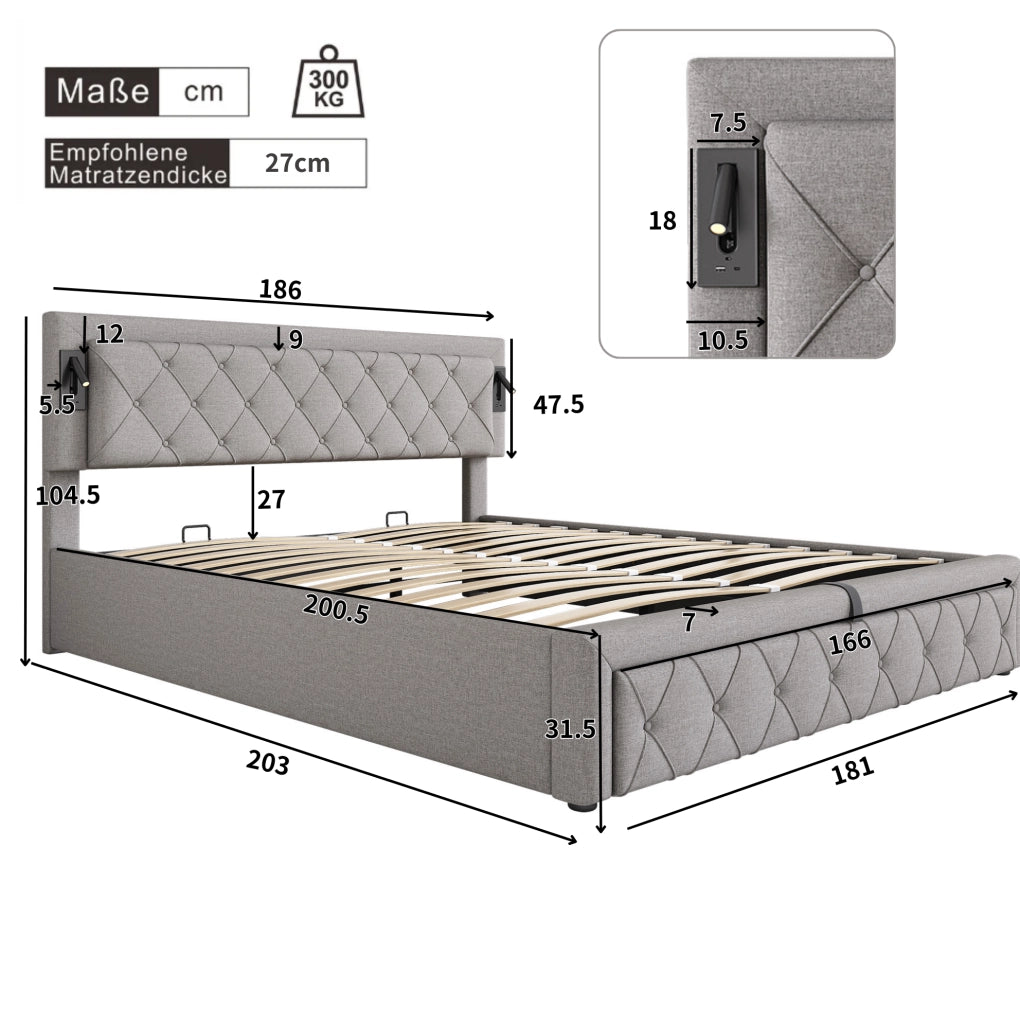 Letto matrimoniale imbottito 180 x 200 cm grigio con vano contenitore, LED e USB