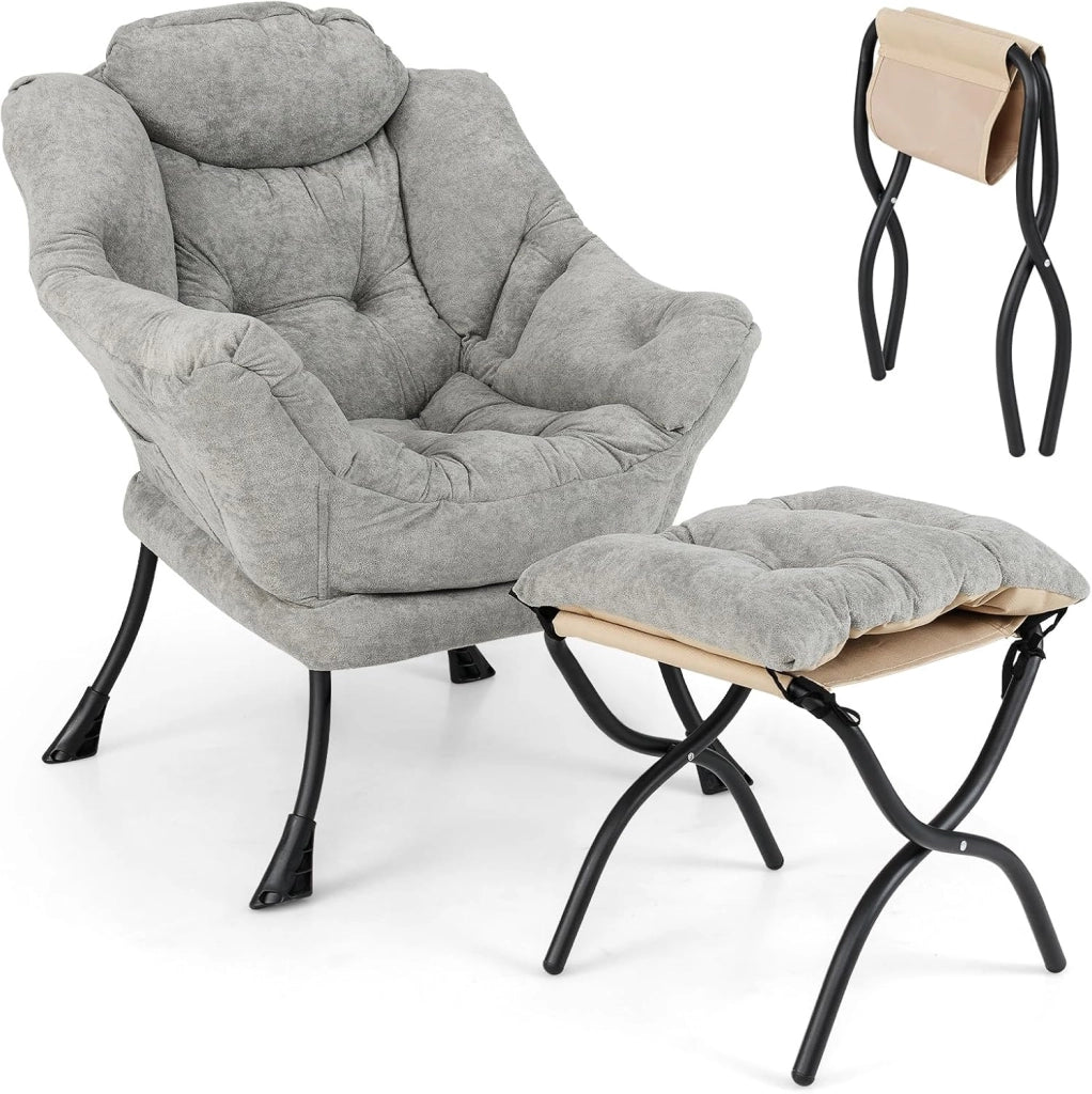 Poltrona per orecchie con sgabello, poltrona relax con braccioli e tasca laterale, per soggiorno, camera da letto e balcone, portata fino a 136 kg