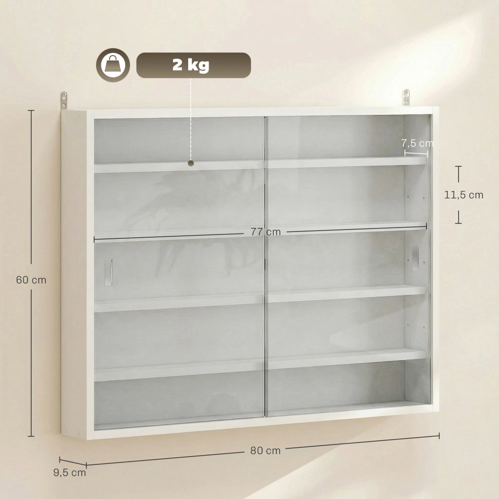 Vetrina da Parete in Legno ¨C Xylo ¨C Bianco con Ripiani e 2 Ante Scorrevoli in Vetro 80x9,5x60 cm