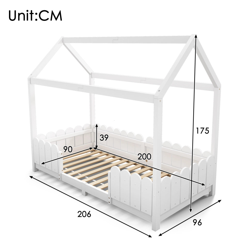 Letto a casetta 90x200 cm in legno bianco con rete e barriera anticaduta