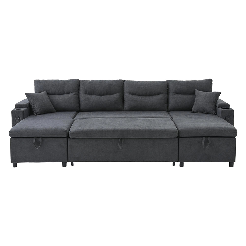 Canap¨¦ moderno per 4 persone - Xylo - Grigio scuro, con chaise longue, spazio di stoccaggio, porta-bicchieri e USB