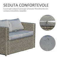 Set 3 Pezzi Mobili da Giardino con 2 Divani con Cuscini e 1 Tavolo in Rattan PE, Salotto da Esterno Grigio-Nero