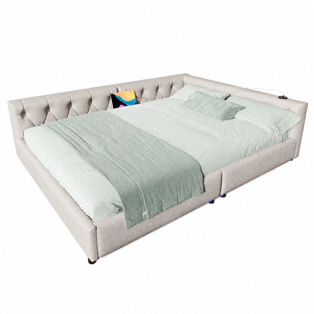 Divano letto 140x200 cm in lino beige con rete a doghe, LED RGB, USB e Type-C