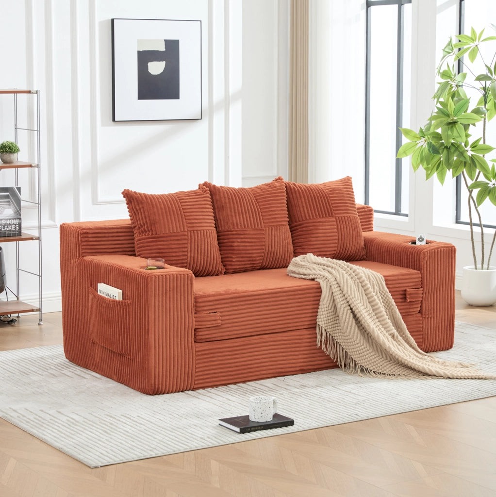 Divano modulare a pavimento 2 posti 172x87x64 cm in velluto a coste arancione