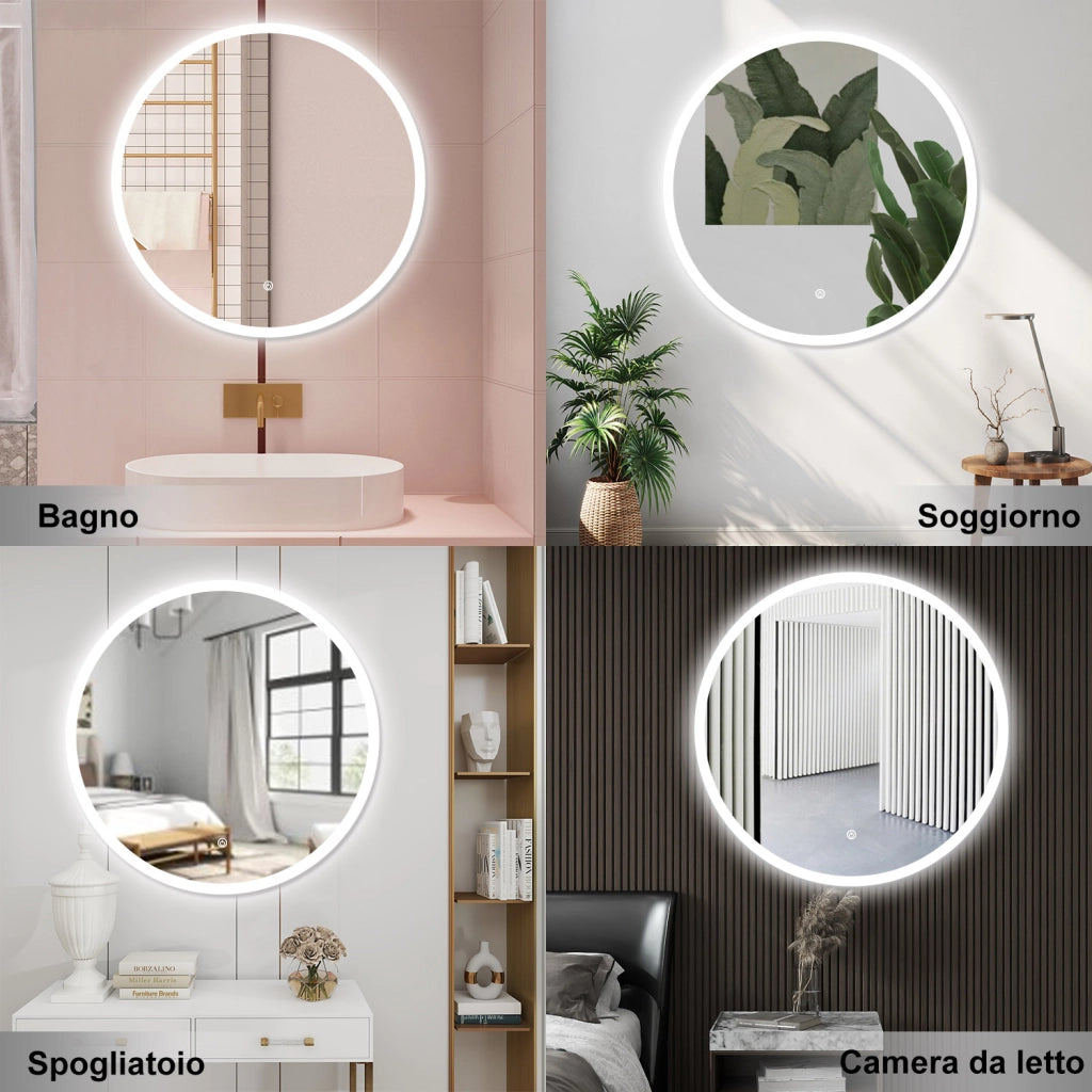 AICA Specchio da bagno 60 x 60 cm, 3 colori, antiappannamento, dimmerabile, interruttore touch, Funzione Memoria