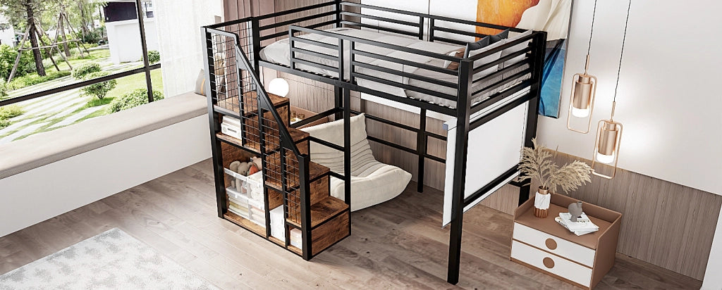 Letto Singolo a Soppalco con Scala di Sicurezza 90x200 cm in Ferro Nero con Area Ripostiglio per Ragazzi e Bambini