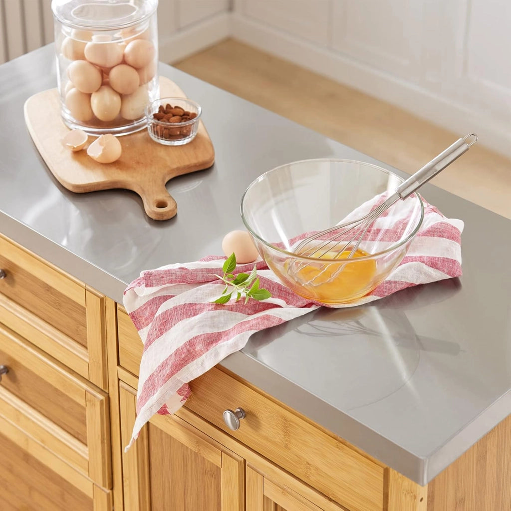 Carrello Cucina con Ruote Isola Cucina con Piano di Lavoro in Acciaio Inox, 4 Cassetti e Ripiani Regolabili Mobile Salvaspazio per Mobili da Cucina Naturale 115 x 46 x 92 cm FKW70-N