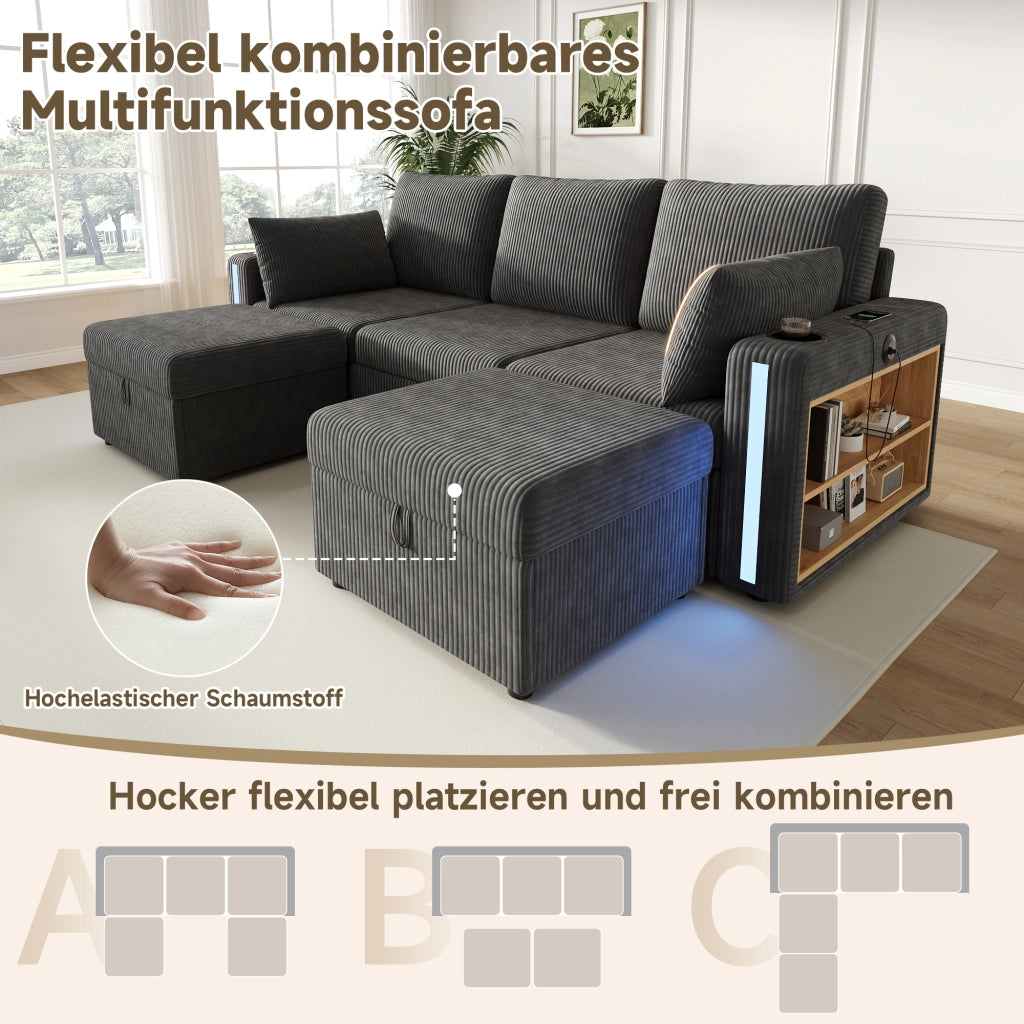 DIVANO Modulare U/L 190x130x85 cm Grigio in tessuto corduroy con 2 pouf contenitore