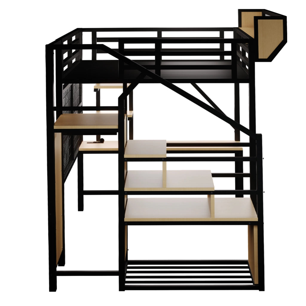 Letto a soppalco in metallo 140 x 200 cm con scrivania, scaffali, rete portaoggetti, scala di sicurezza, LED e presa, nero