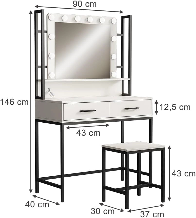 Tavolo da toilette Luvia, Bianco, 90 cm Con illuminazione a LED e sgabello, con grande specchio e striscia LED regolabile senza interruzioni