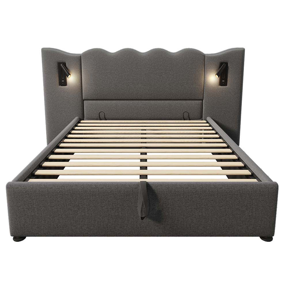 Letto matrimoniale imbottito - Xylo - 160x200 cm - Grigio - Con luce lettura e USB Type-C