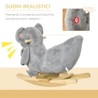 Cavallo a Dondolo Koala in Peluche Imbottita con Suoni, Cintura di sicurezza e Base in Legno, 60x33x50cm, Grigio